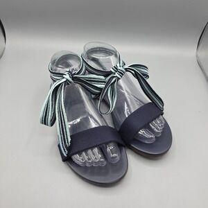 Rothy's The Wrap Sandals Womens 7.5 Blue Flats Ankle Wrap Tie Striped Summer